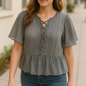 Daytrip Lace-Up Silver Thread Peplum Flutter Top Coquette Boho Whimsigoth Sz Sm